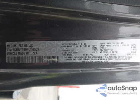 2022 Jeep Gladiator Altitude 4X4 z USA, uszkodzony, nr VIN 1C6HJTAG9NL157553